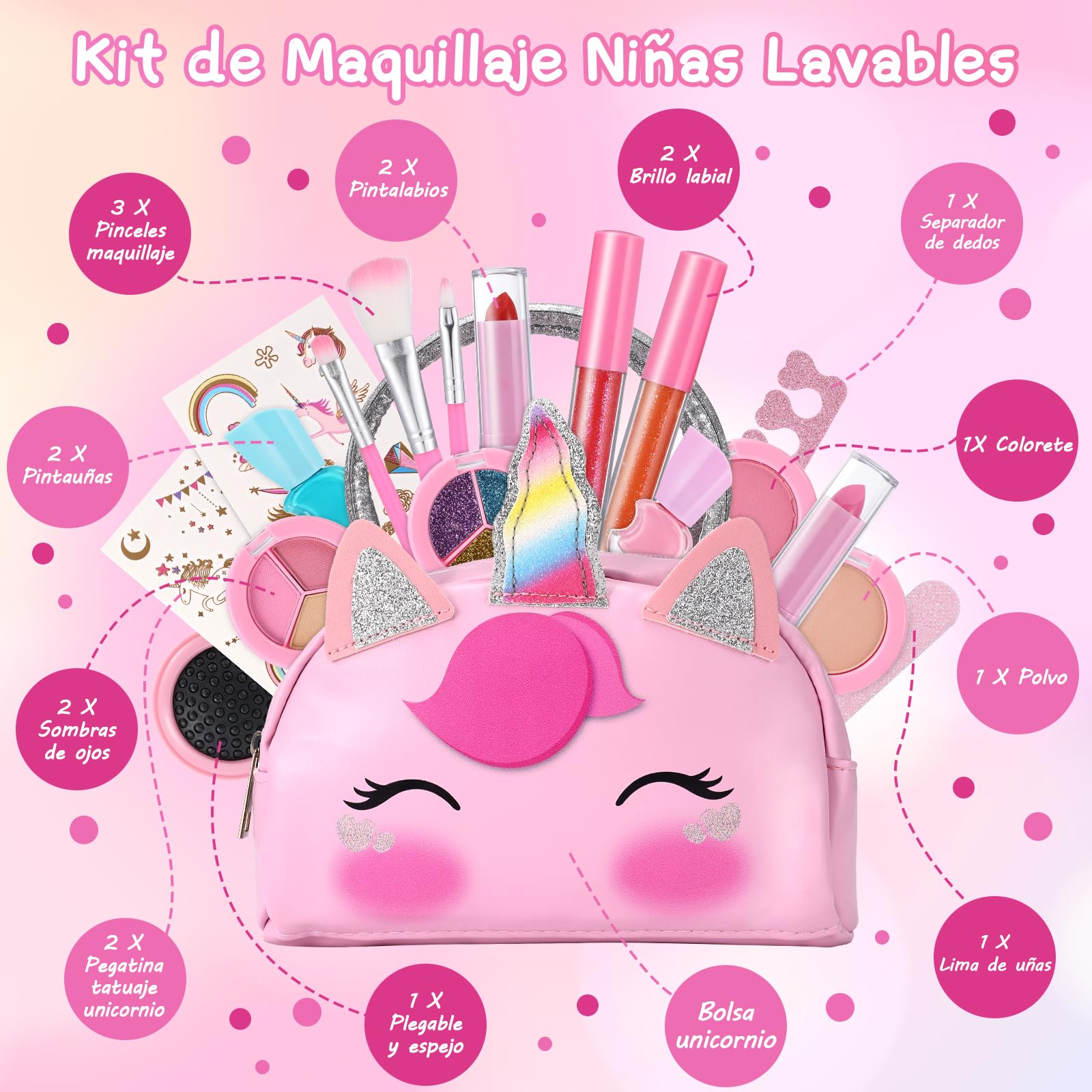 TOGOU2S Unicorn Makeup Set for Girls - Washable & Non-Toxic Kids Cosmetics - Birthday Gift for Ages 4-8+ (Play & Party)