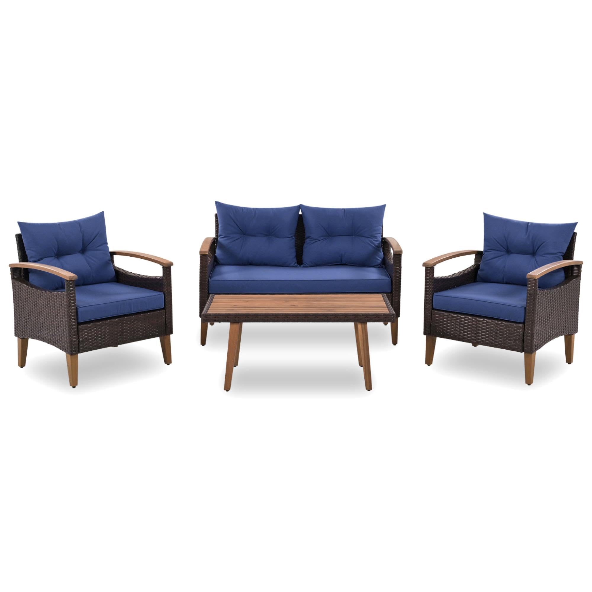4-Piece Outdoor Patio Furniture Set with Coffee Table & Cushions - Garden Conversation Set for Backyard, Porch or Poolside (Blue) - Perfect for Relaxing, Entertaining & Outdoor Dining