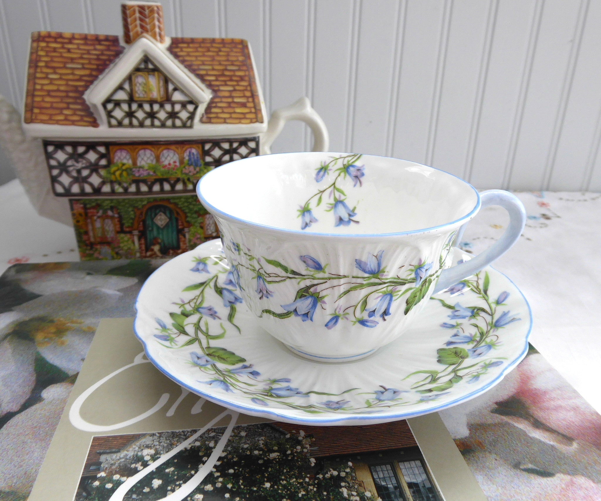 Blue Harebell Cup and Saucer Set - Shelley England Low Oleander Shape Porcelain Tea Set for Afternoon Tea, English Tea Party, Vintage Collection & Home Decor