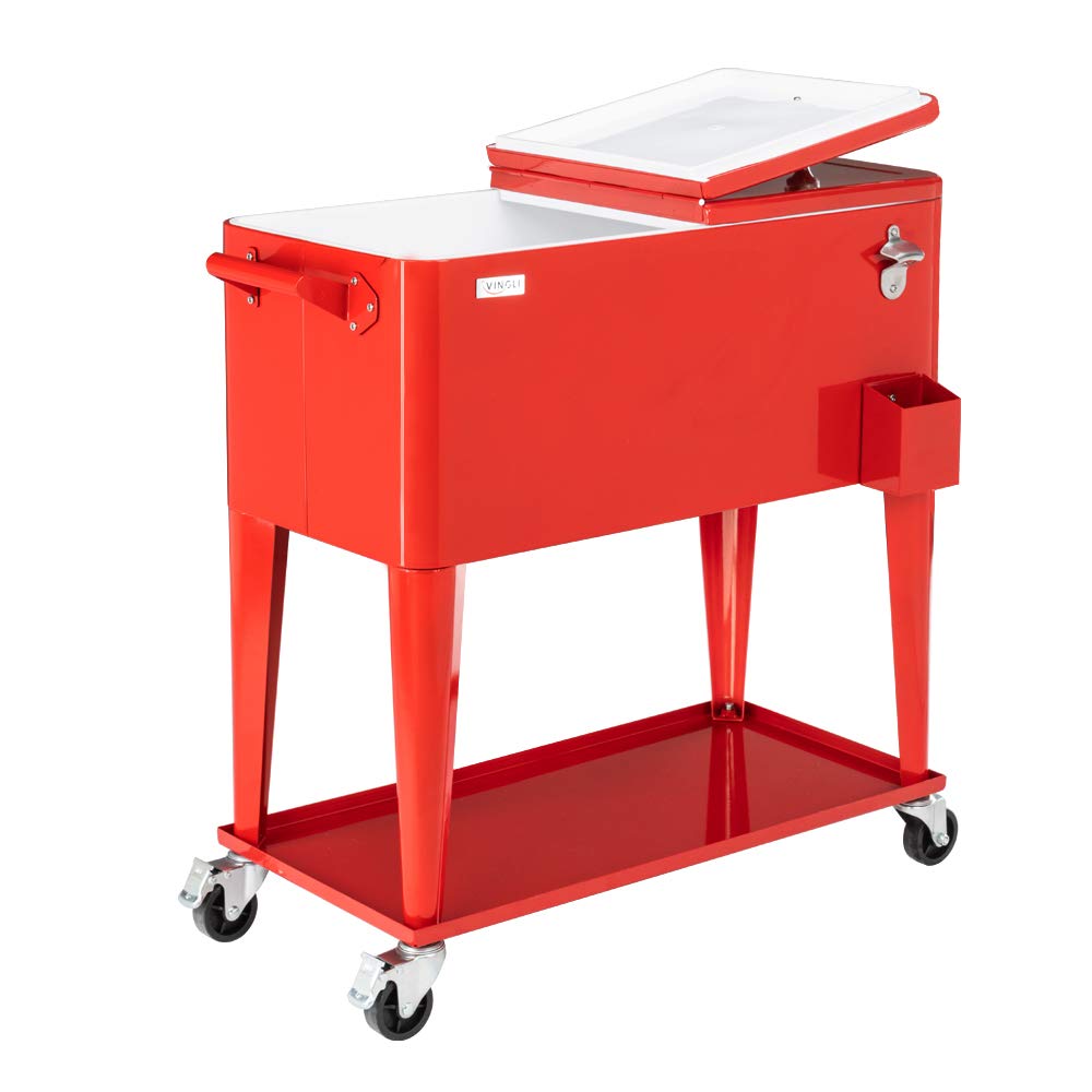 VINGLI 80 Quart Rolling Cooler with Wheels - Portable Outdoor Party Drink Cooler Cart with Shelf, Bottle Opener & Water Pipe - Perfect for Beach, Camping, Tailgating and Backyard BBQs