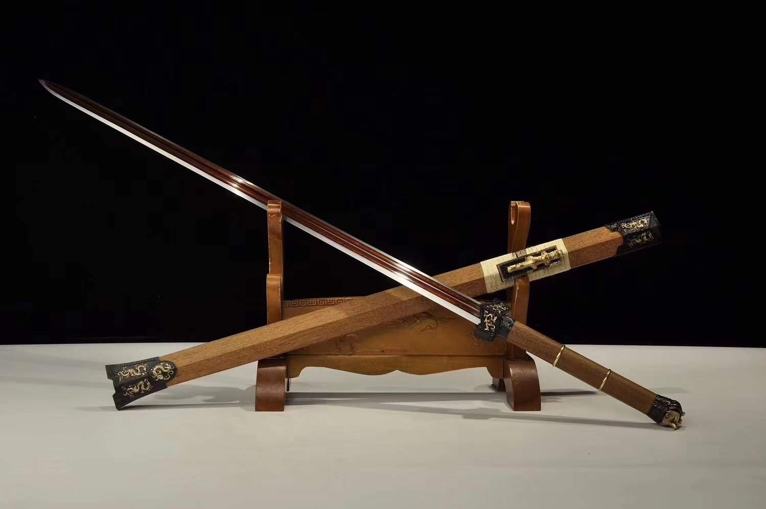 Handmade Chinese Han Jian Sword - Battle Ready Forged Damascus Steel Blade with Brass & Rosewood Scabbard | Martial Arts Training, Historical Reenactment, Home Decor & Collection Display
