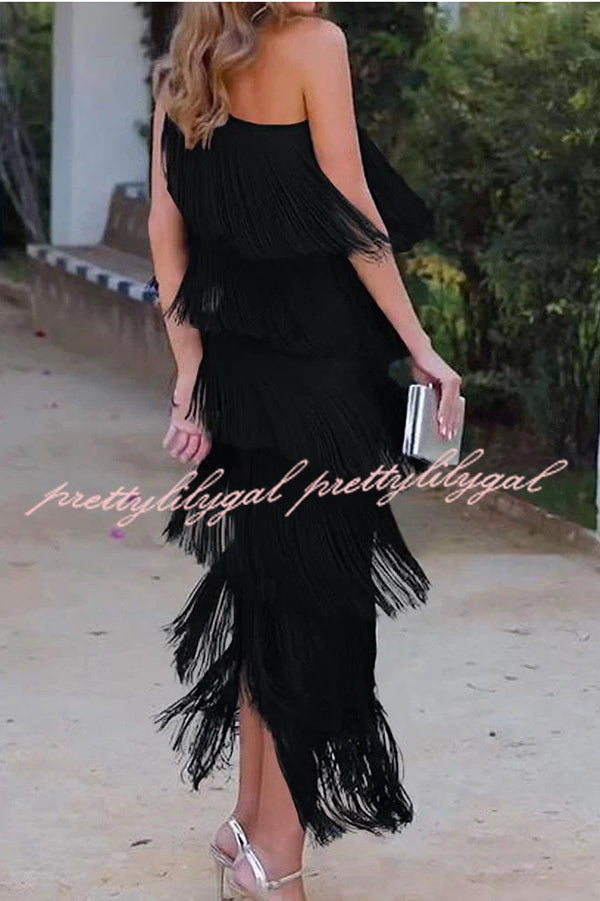Elegant Fringed One Shoulder Asymmetric Midi Dress for Women - Boho Chic Party, Cocktail & Evening Wear - Perfect for Weddings, Date Nights & Special Occasions