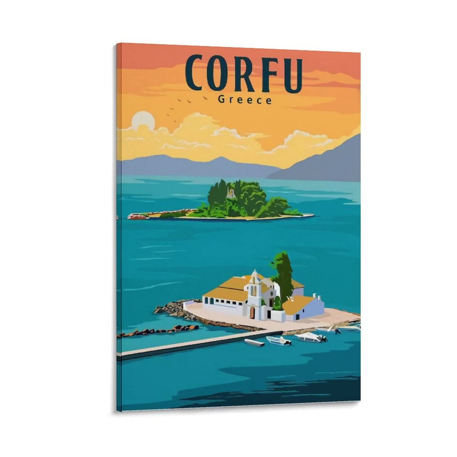 Vintage Greece Travel Poster - Corfu Island Canvas Wall Art Print, 08x12 Inch (20x30cm) - Modern Home & Bedroom Decor for Travel Lovers - Perfect for Living Room, Office or Gift