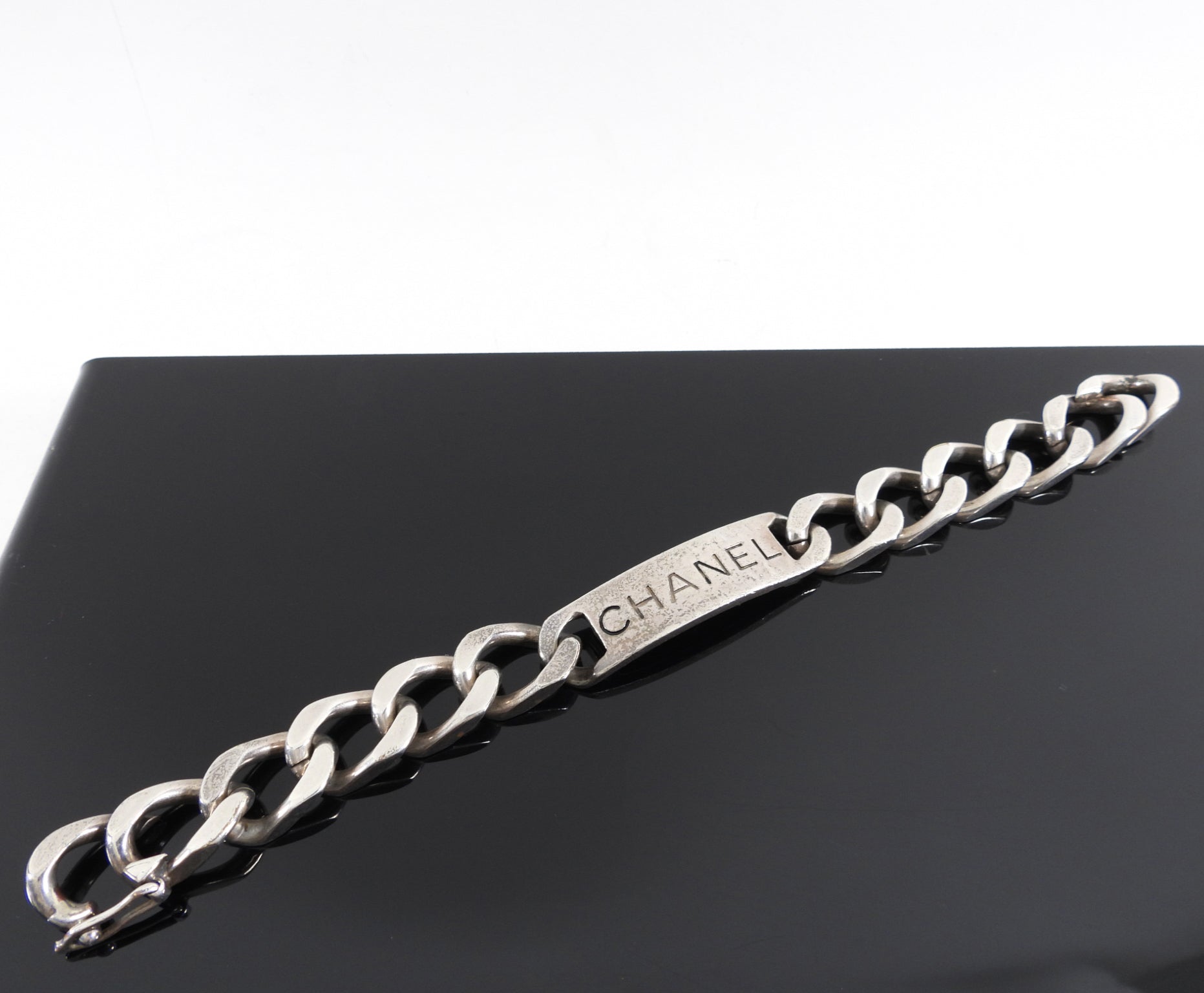 Vintage Chanel 96P Antiqued Silver Logo ID Bracelet - Authentic Luxury Jewelry for Women | Perfect for Parties, Weddings & Everyday Elegance