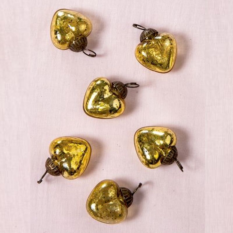6 Pack Gold Cora Mercury Glass Heart Ornaments - Elegant Christmas Tree Decorations for Holiday Home Decor, Wedding, Party & Gift Giving