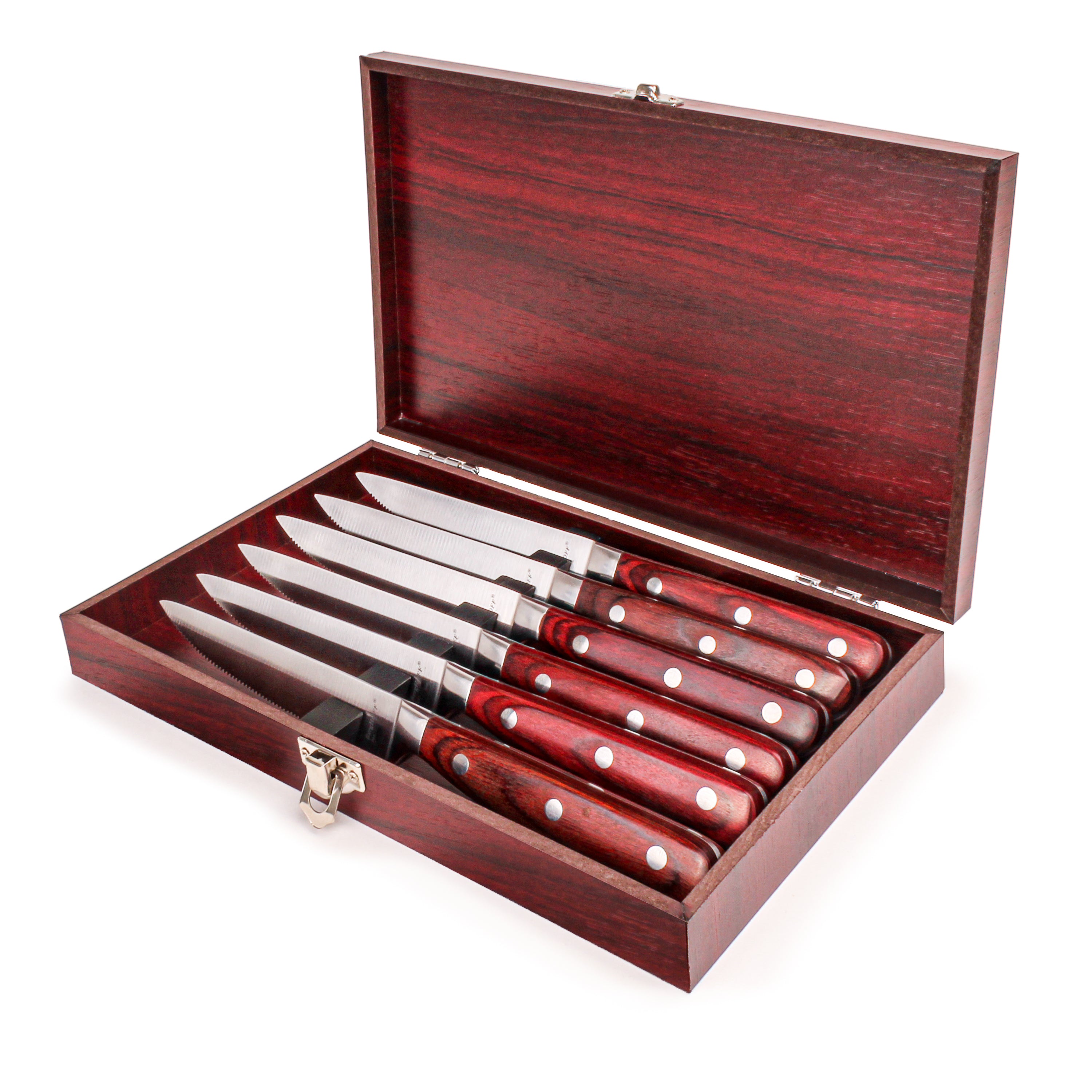 BergHOFF Pakka Wood 7-Piece Stainless Steel Steak Knife Set with Wooden Storage Case - Perfect for Steak Dinners, BBQ Parties & Elegant Dining