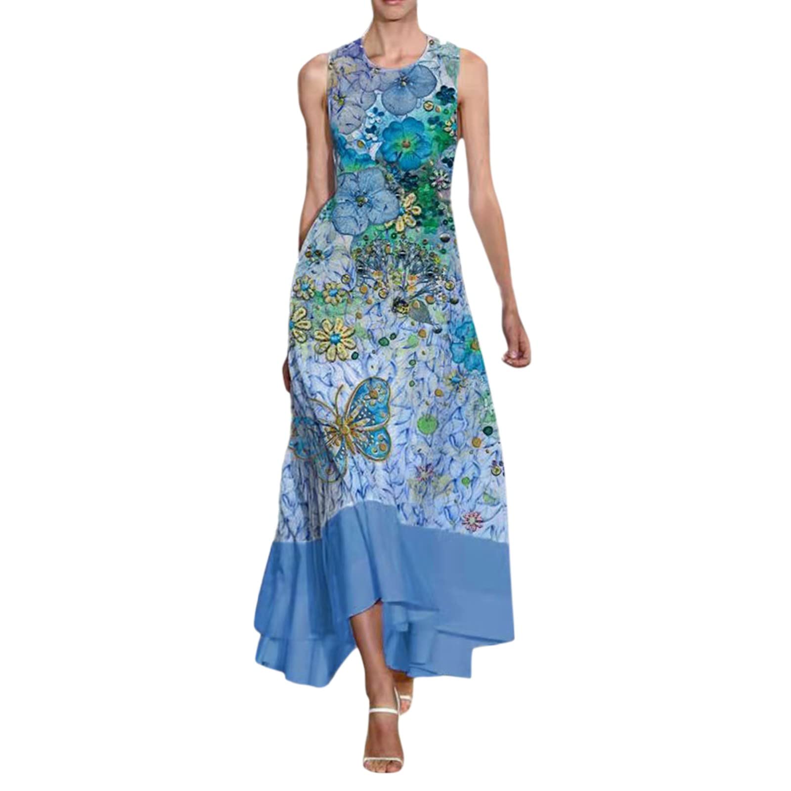 Women's Floral Print Sleeveless Knee-Length Summer Dress - Casual Round Neck Long Dress for Spring & Summer Daily Wear - Perfect for Beach, Vacation, and Outdoor Activities