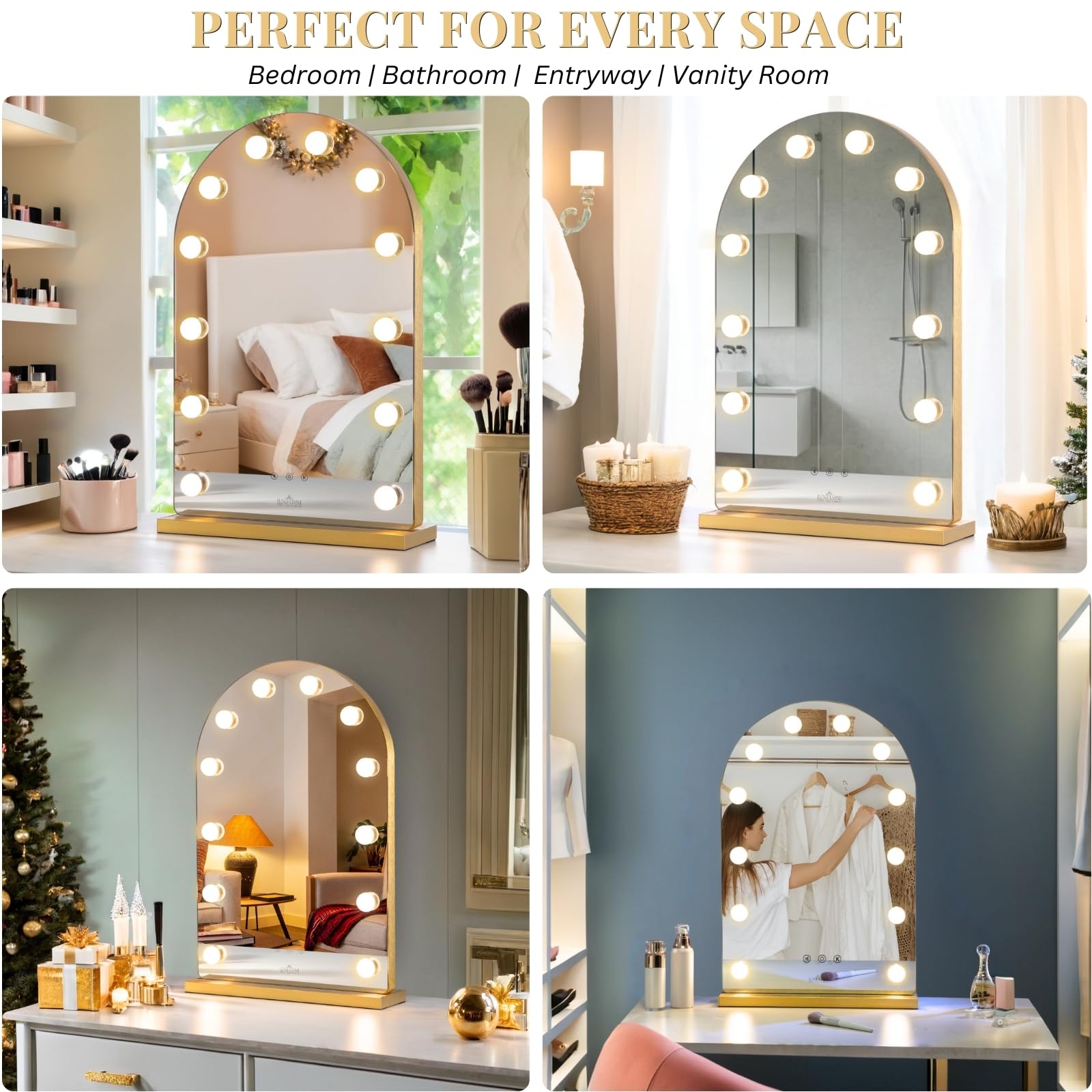 Hollywood Makeup Mirror with Lights - 12 Dimmable LED Bulbs, Smart Touch Control & 3 Color Modes (Gold) | Large Vanity Mirror for Bedroom, Dressing Room & Professional Makeup Studio