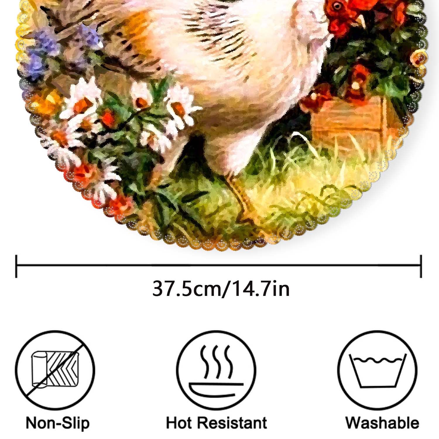 Round Heat Resistant Placemats Set of 4 - Washable Polyester Table Mats for Kitchen & Dining Room Decor - Rooster Garden Design - Perfect for Everyday Meals, Dinner Parties, and Holiday Gatherings