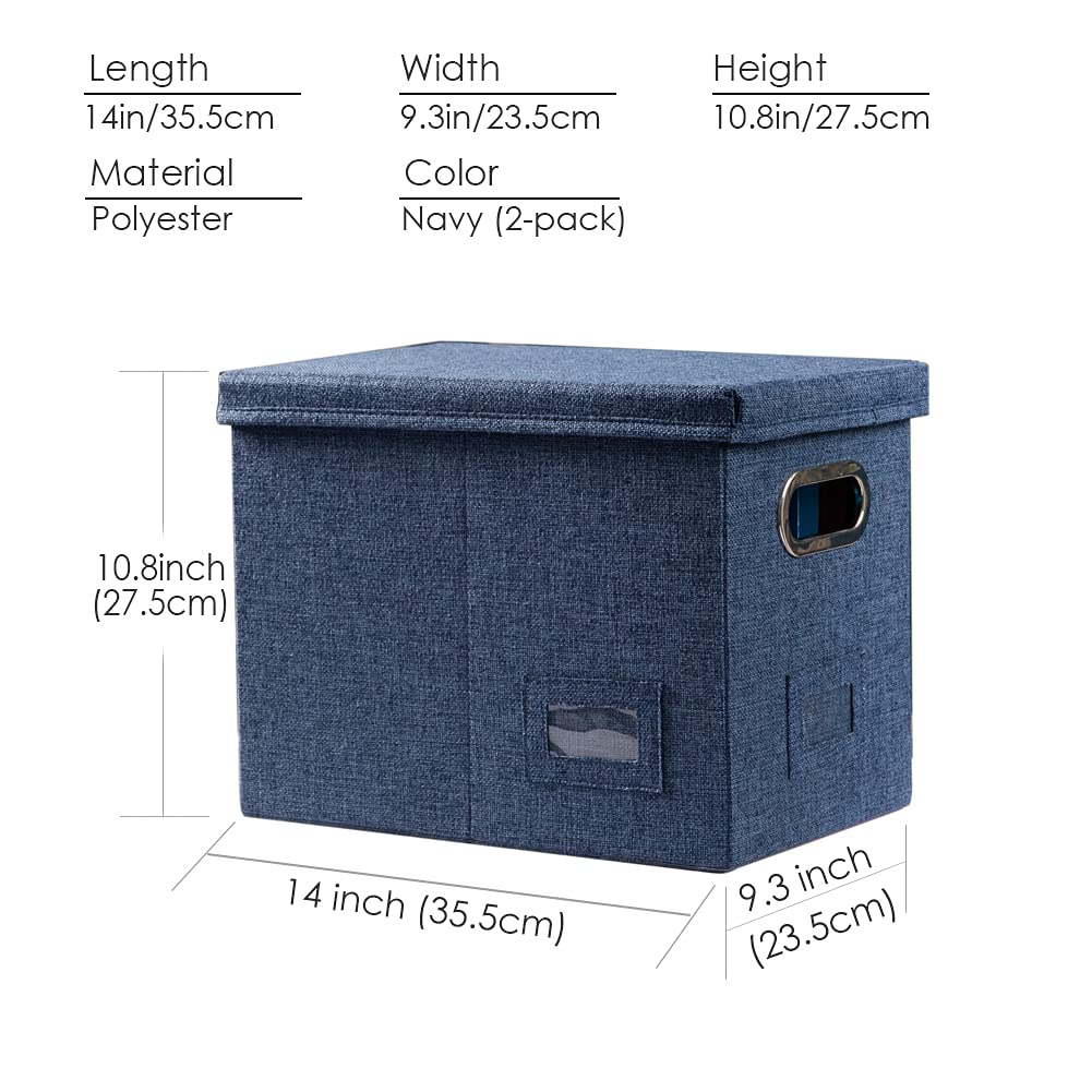 PRANDOM File Organizer Box Set of 2 - Collapsible Linen Storage Box with Lid for Office, Home & School - Navy Blue Hanging File Folders (14x9.3x10.8 inch) - Perfect for Desk Organization, Document Storage & Cabinet Filing
