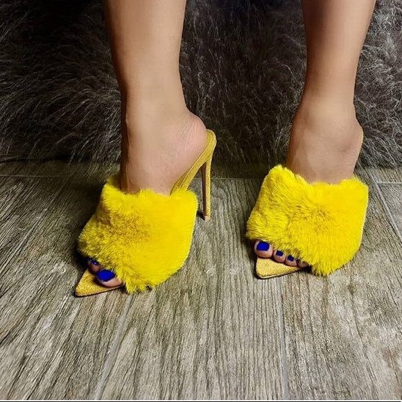 Penelope Fur Stiletto Mules - Women's Luxury Faux Fur Slide Heels for Party, Wedding & Evening Wear - Comfortable High Heel House Slippers for Indoor/Outdoor Use
