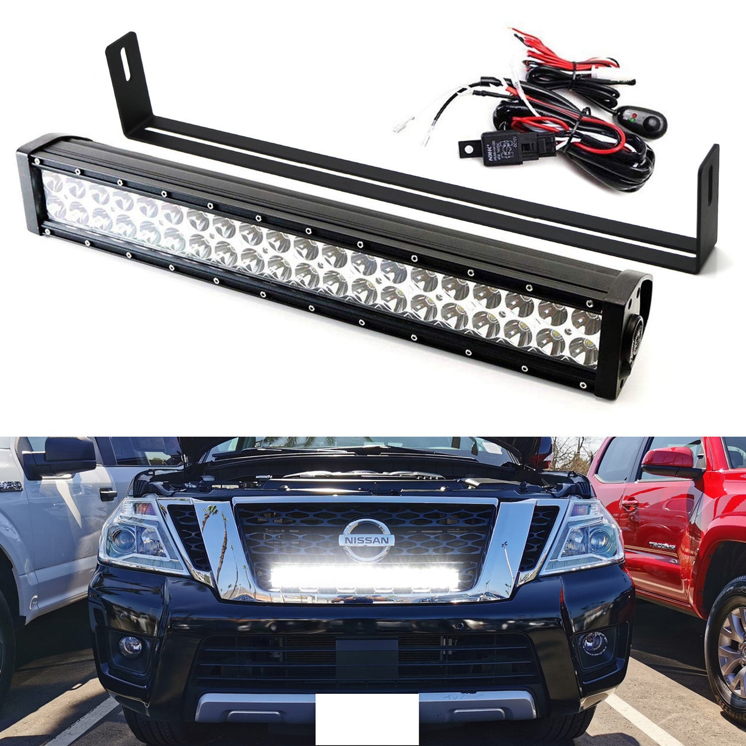 120W LED Light Bar with Grill Mounting Bracket & Wiring Harness - Compatible with 2016-2020 Nissan Armada - Off-Road, Truck, SUV Lighting for Night Driving & Adventure