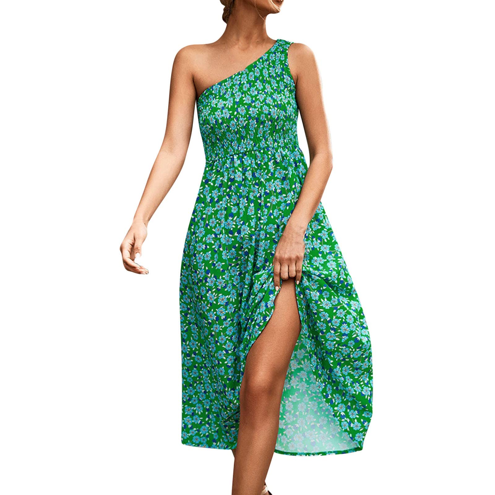 Todaies Women's Summer Floral One Shoulder Sleeveless Ruffled Maxi Dress - Bohemian Style Flowy Dress for Beach Vacation, Party & Date Night