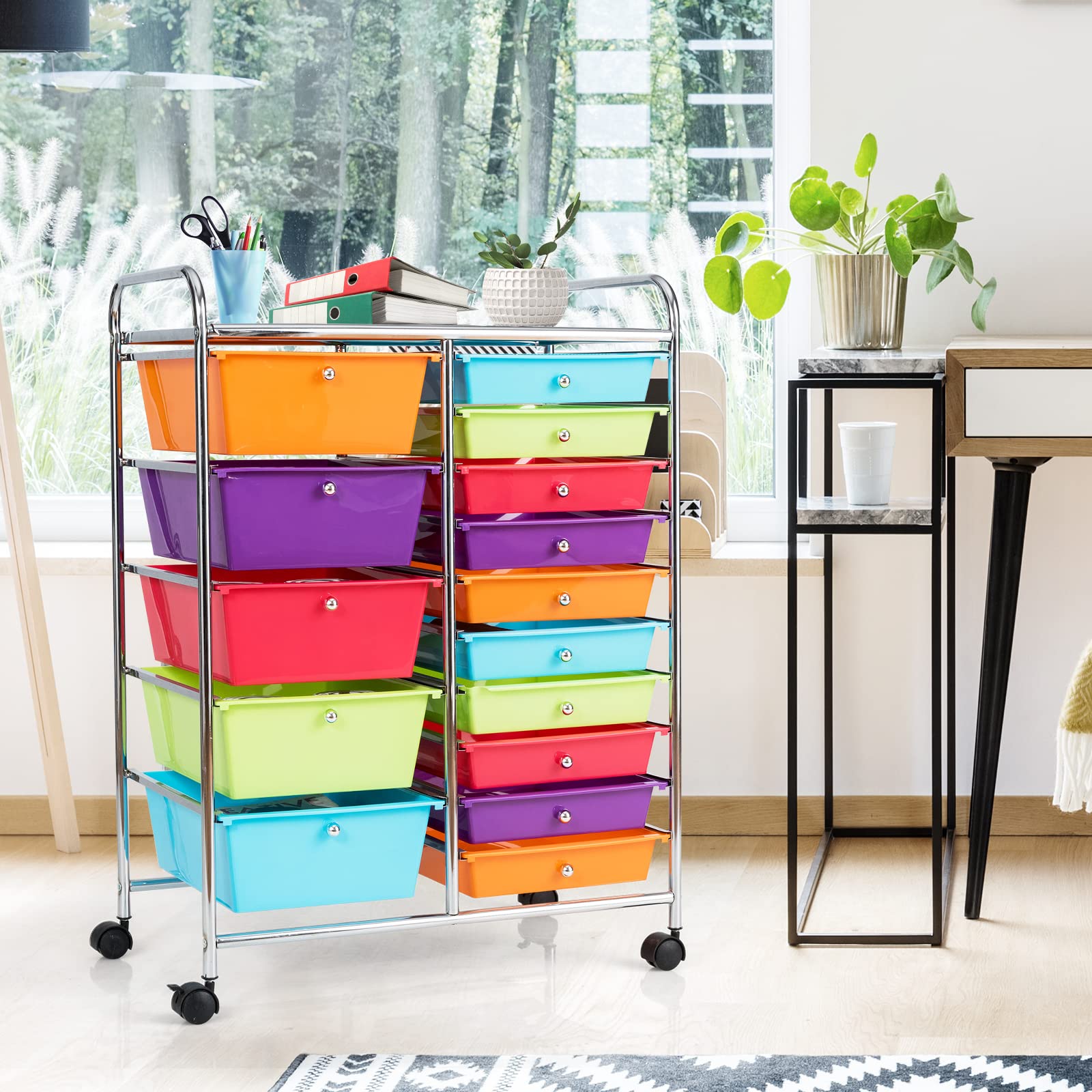 15-Drawer Rolling Storage Cart with Removable Drawers & Sturdy Steel Frame - Multipurpose Utility Organizer Cart with Smooth-Glide Wheels & Ergonomic Handle - Perfect for Home Organization, Classroom Supplies, Office Storage & Retail Displays