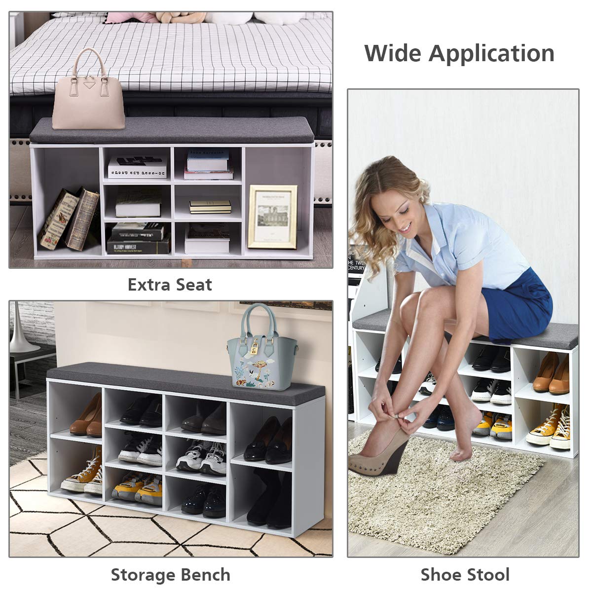 KOTEK White 10-Cube Wooden Shoe Bench with Cushion & Adjustable Shelves - Shoe Storage Cabinet Organizer for Entryway, Living Room, Bedroom - Perfect for Small Spaces & Home Organization