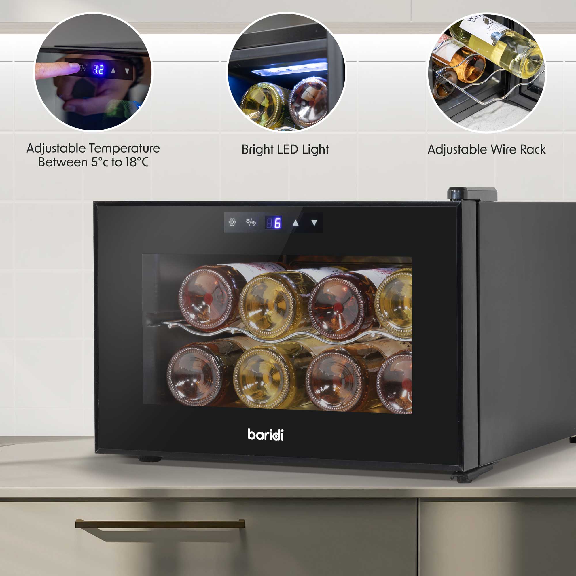 Baridi 8 Bottle Thermoelectric Wine Cooler Refrigerator - Adjustable Temperature 5-18°C, Touch Control, Compact Tabletop Design for White/Red Wine Storage - Perfect for Home, Office, or Bar Use