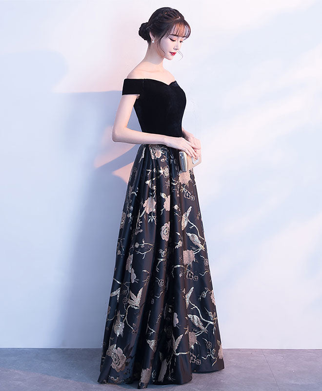 Elegant Black Off Shoulder Floral Long Prom Dress - Formal Evening Gown for Homecoming, Wedding & Special Occasions