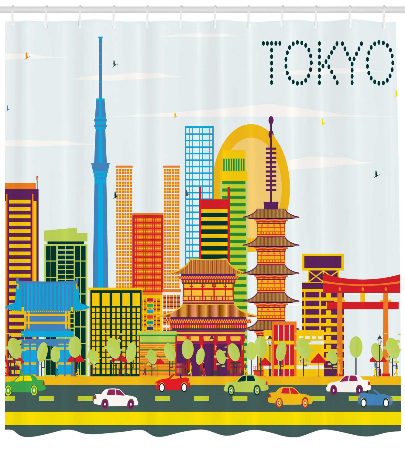 Ambesonne Tokyo Shower Curtain - Japan City Skyline with Unique Architecture Cartoon Illustration, 69x70 Inch Fabric Bathroom Decor Set with Hooks | Perfect for Anime Lovers, Japanese Culture Enthusiasts & Unique Bathroom Decor