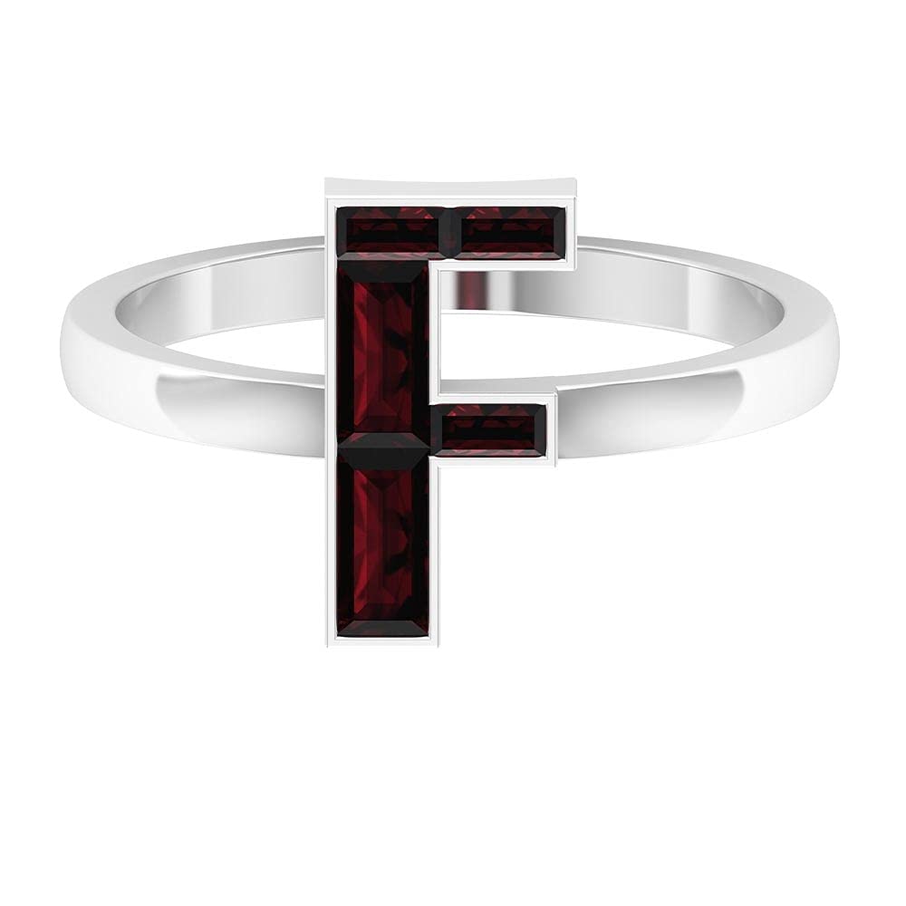14K White Gold Garnet Initial Rings A-Z | Alphabet Letter Rings | Baguette & Channel Set Gemstone Jewelry for Women | Personalized Name Rings for Gifts, Birthdays & Anniversaries