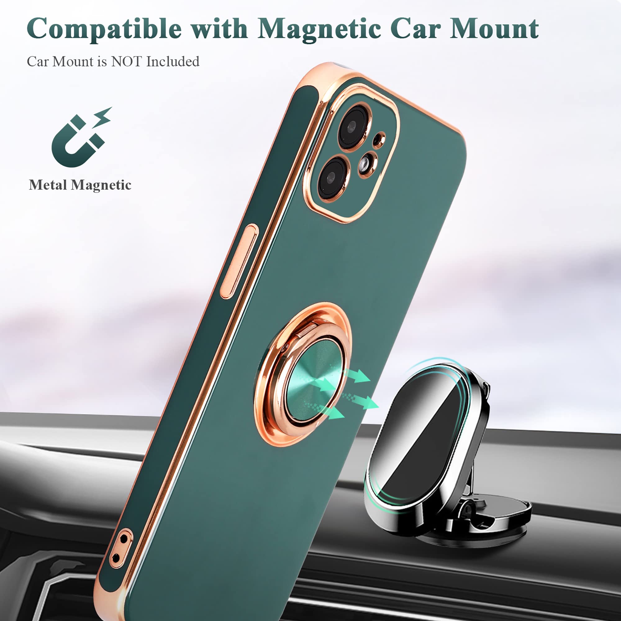 Magnetic Rotatable Ring Holder iPhone 11 Case - 360° Kickstand, Ultra Slim Soft Silicone Protective Cover with Edge Plating for 6.1 Inch iPhone 11 (Dark Green) - Perfect for Workouts, Commuting & Hands-Free Viewing
