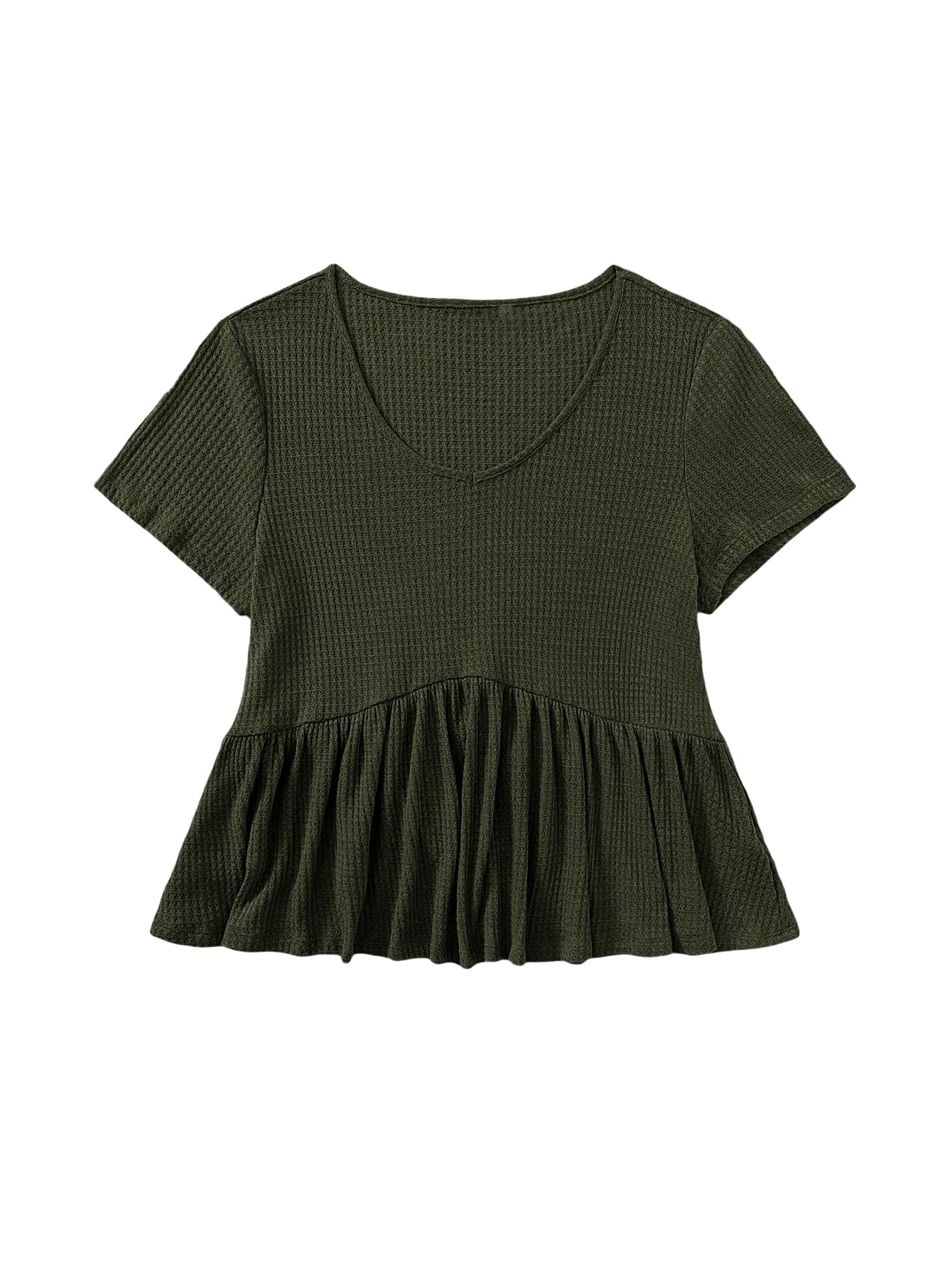 Romwe Women's Plus Size Casual Short Sleeve Waffle Knit V-Neck Ruffle Hem Peplum Blouse Top Tee - Comfortable & Stylish for Work, Date Night & Everyday Wear