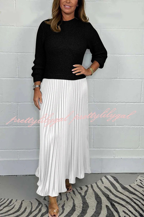 Stylish Knitted Round Neck Long Sleeve Patchwork Pleated Hem Maxi Dress for Women | Elegant Boho Chic Winter Dress | Perfect for Holiday Parties, Date Nights & Casual Outings