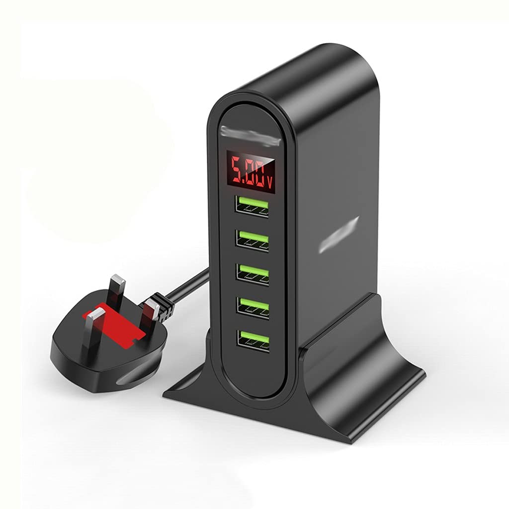 5-Port USB Charging Station with LED Display - Fast Multi-Device Charger for Phones, Tablets & More - Universal Wall/Desktop Home Charger with UK Plug (Ideal for Bedroom, Office & Travel)