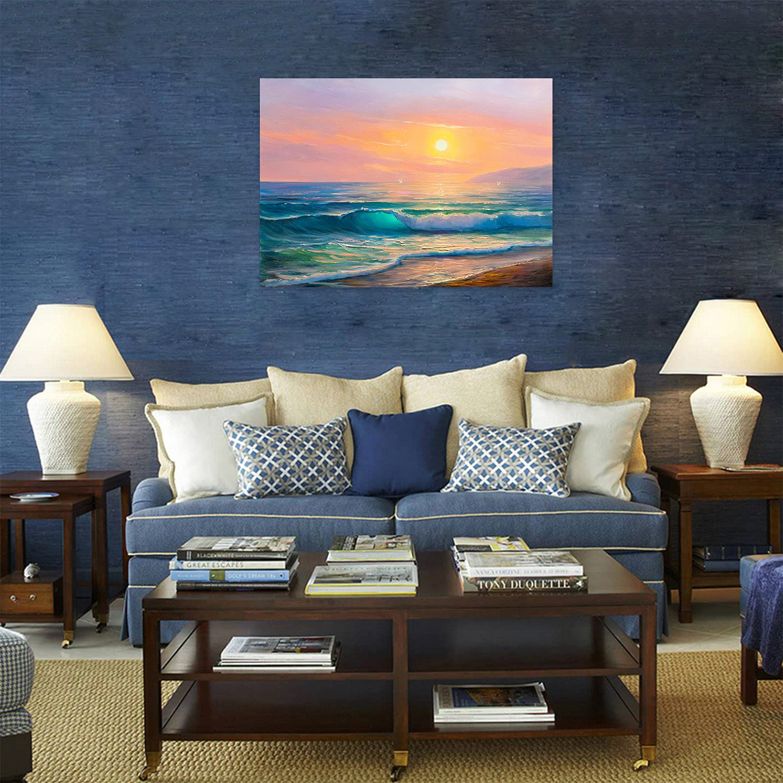 Blue Sea Seascape Waves Canvas Wall Art - Stretched Framed Ocean Painting for Bathroom & Bedroom Decor - Ready to Hang Abstract Beach Artwork (28x40 Inches) - Perfect for Coastal Home Decor, Beach House Accents, and Relaxing Spa-Like Atmosphere