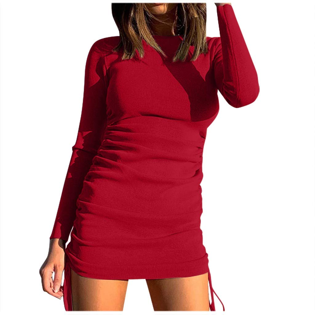 Jsarle Women's Sexy Long Sleeve Bodycon Mini Dress with Side Drawstring - Winter Cocktail & Wedding Guest Short Dress for Parties, Dates & Special Occasions
