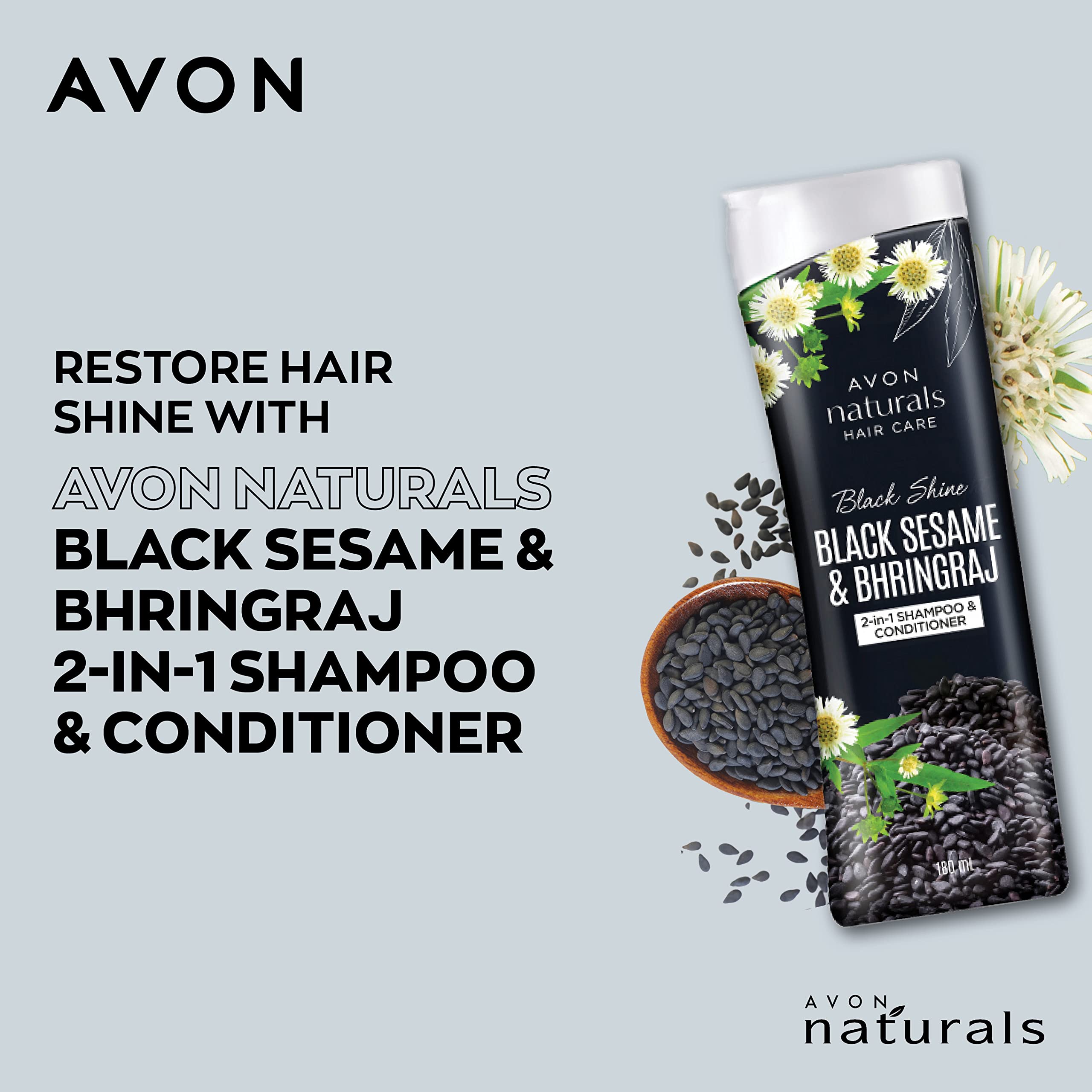 Avon Natural Black Shine Bhringraj 2-in-1 Shampoo & Conditioner for Soft, Smooth Hair - 180ml | Ayurvedic Hair Care for Daily Use & Damaged Hair Repair