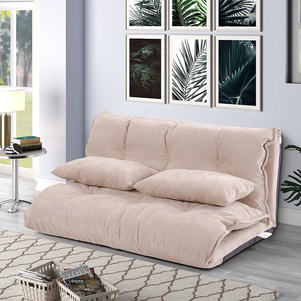 Modern Adjustable Foldable Leisure Sofa Bed - Convertible Futon Couch with 2 Pillows for Living Room, Bedroom, Dorm | Perfect for Sitting, Lounging, Watching TV, Reading & Gaming (Beige)