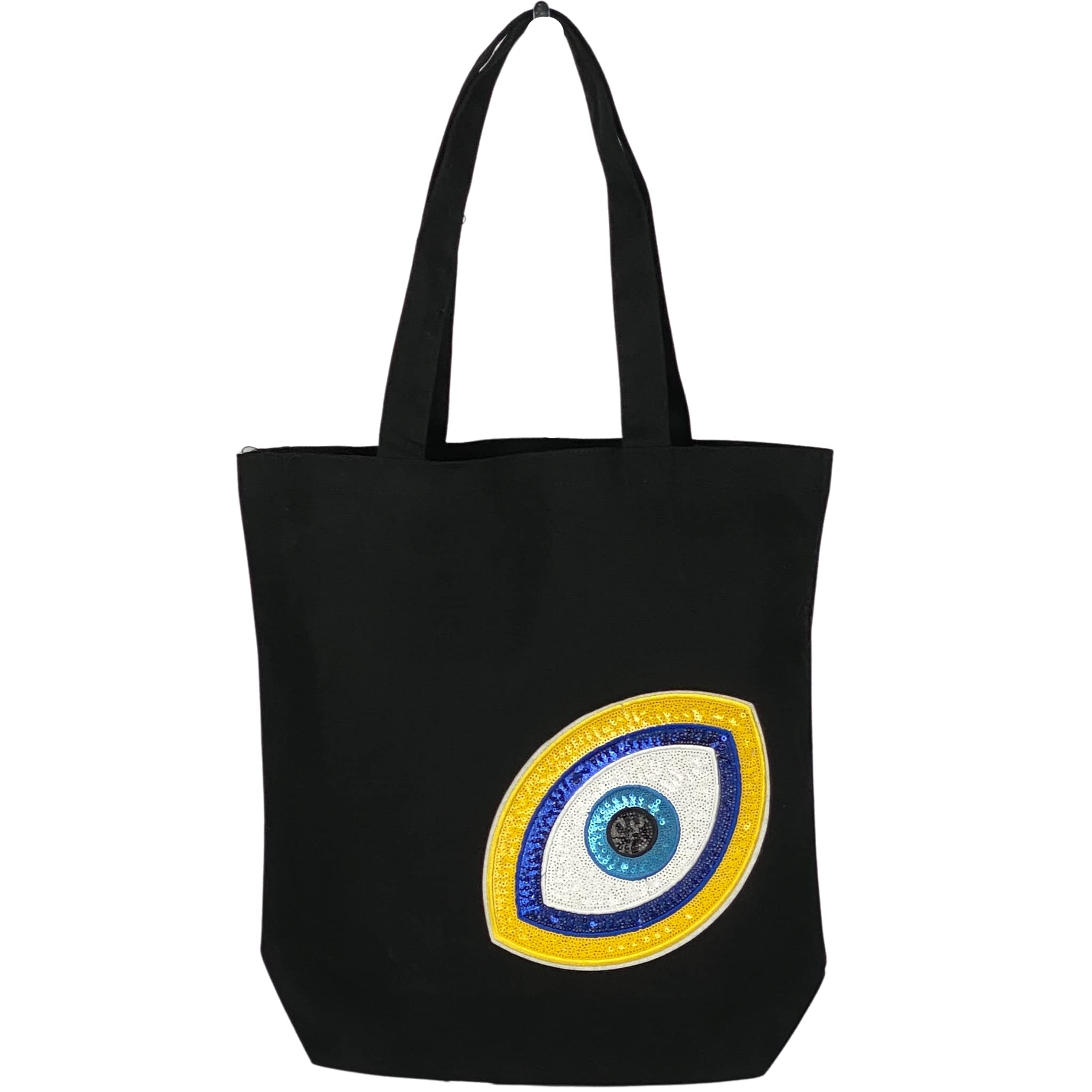 Stylish Women's Canvas Tote Bag with Evil Eye & Yellow Sequins Patch - Reusable Shoulder Bag for Shopping, Beach, Work & Daily Use