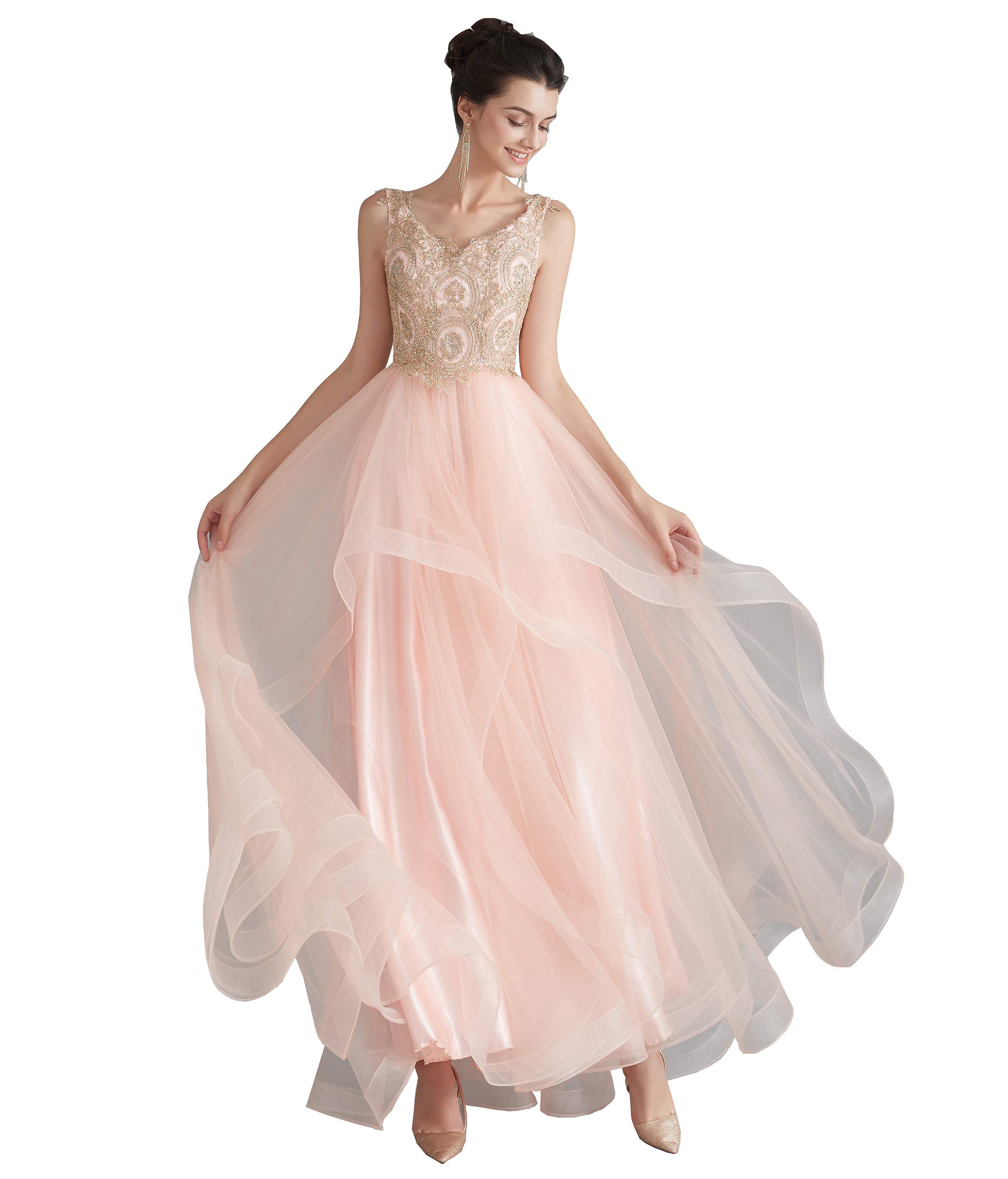 Elegant V-Neck Beaded Applique Asymmetrical Tulle Prom Dress for Women - Perfect for Homecoming, Formal Dances & Special Occasions