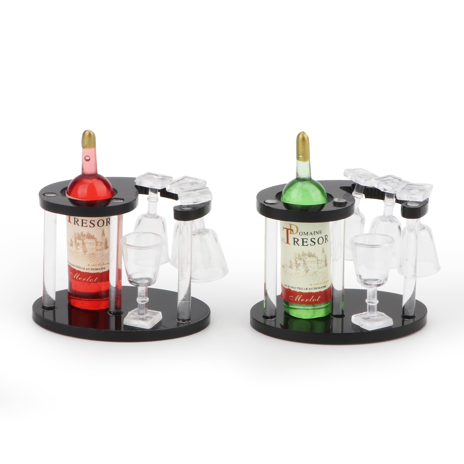 Miniature Wine Glasses, Bottle & Spiral Rack Set - Dollhouse Bar Accessories, Kitchen Decor, Tabletop Display Holder (Red Bottle) - Perfect for Dollhouse Miniatures, DIY Crafts, and Collectible Displays
