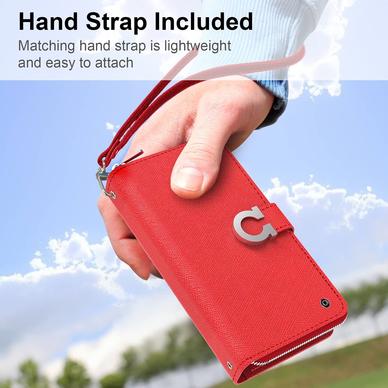 JUST4YOU iPhone 13 Wallet Case with Zipper & Strap - Premium PU Leather Flip Cover Folio with Card Holder (Red) - Perfect for Travel, Work & Everyday Protection