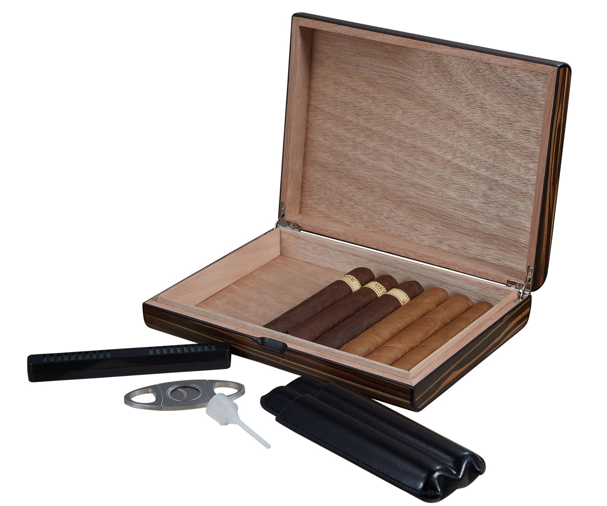 Premium Jerrod Exotic Ebony Wood Cigar Humidor Gift Set - Luxury Cigar Storage Box with Hygrometer & Accessories - Perfect for Home, Office & Gifting