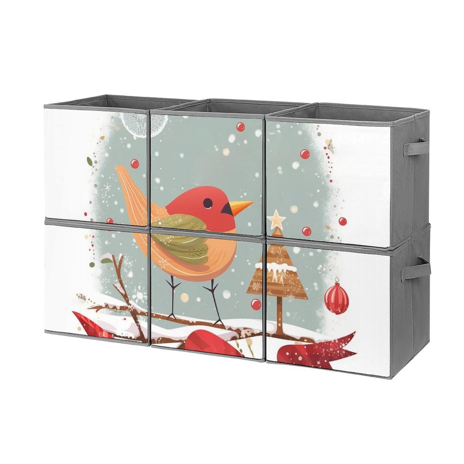 6-Pack Merry Christmas Bird Collapsible Storage Bins with Handles - Large Closet Organizer, Clothing Storage Boxes for Home, Office & Holiday Decor