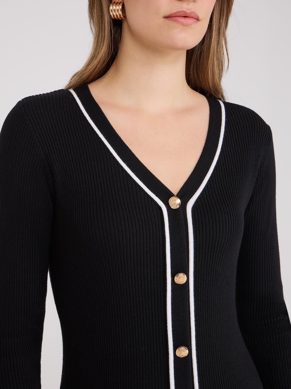 Stylish Contrast Piping Midi Sweater Dress for Women | Cozy Knit Pullover Dress with Ribbed Details | Perfect for Fall Outfits, Office Wear & Casual Dates
