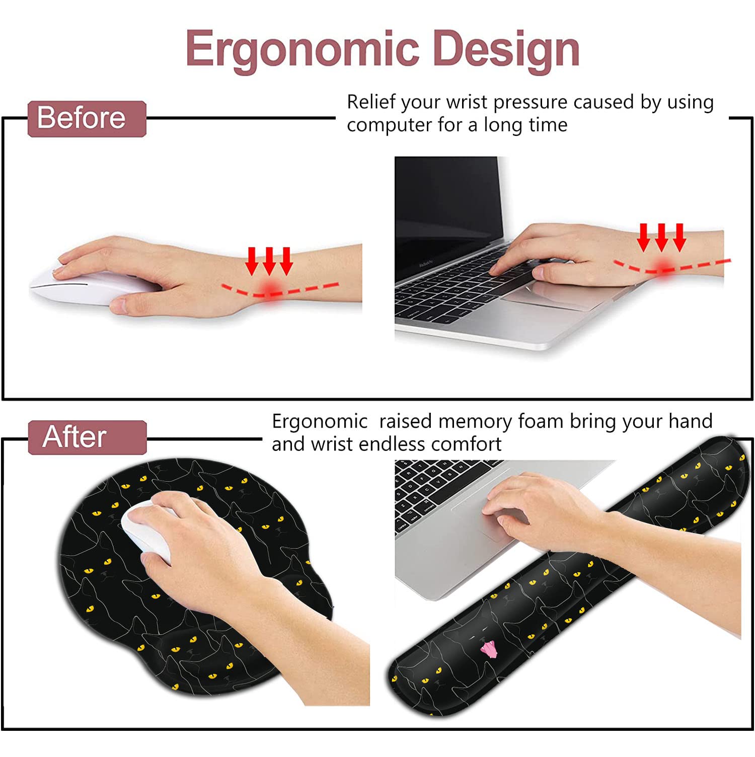 Ergonomic Black Mouse Pad with Wrist Support & Keyboard Rest - Gel Cushion for Computer, Laptop, Home Office & Gaming - Cute Cat Pattern Wireless Desk Pad to Relieve Wrist Fatigue | Perfect for Long Work Hours, Gaming Sessions & Typing Comfort
