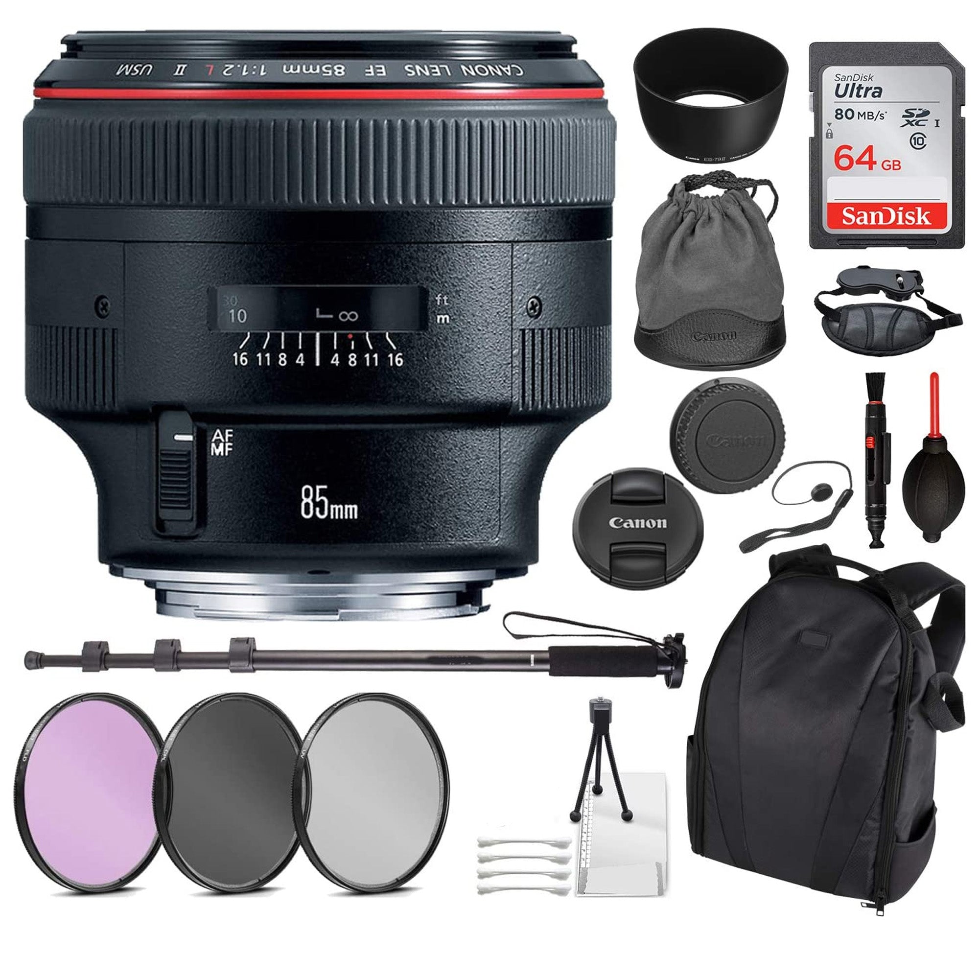 Canon EF 85mm f/1.2L II USM Professional Portrait Lens with Sandisk 64GB Extreme Pro Memory Card - Perfect for Wedding Photography, Studio Portraits & Low Light Shooting