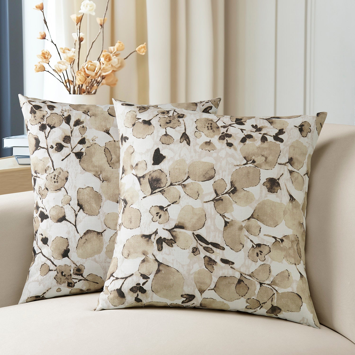 Foiliage Brown Floral Textured Printed Cotton Cushion Covers (Set of 2) - Soft Decorative Pillow Cases for Sofa, Bed, Living Room & Home Decor