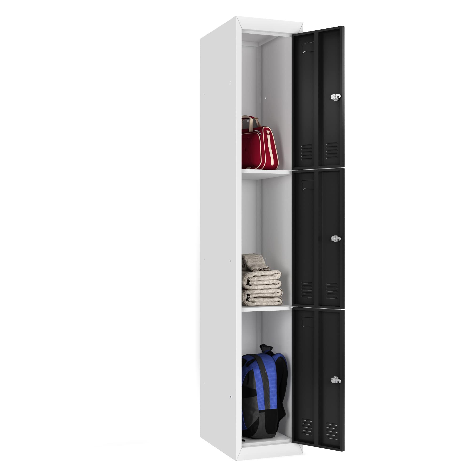 UINSOO 72 Inch Tall 3-Tier Metal Storage Locker for Kids - School, Gym, Home & Office Use - Heavy Duty Steel Wardrobe Cabinet for Employees & Garage Organization - Easy Assembly (Black/White, Lock Sold Separately) - Perfect for Dorm Rooms, Sports Facilities & Workplace Storage Solutions