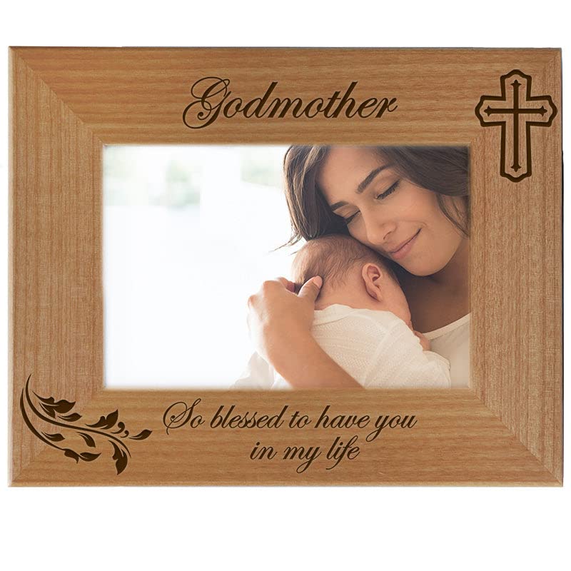 Godmother Gifts from Godchild - Engraved Wood Picture Frame with Cross for Baptism, Religious & Catholic Gifts, Thank You Present - Holds 4x6 Horizontal Photo - Perfect for Christenings, First Communions & Godparent Appreciation