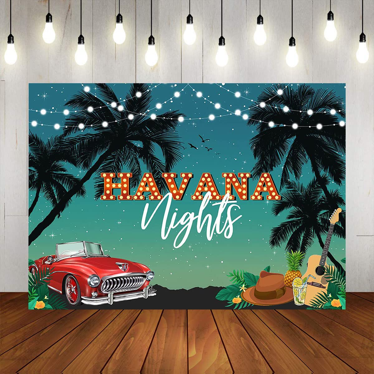 Havana Nights Backdrop - 7x5ft Tropical Palm Tree Sunset Photography Background for Summer Hawaiian Beach Party, Cuban Theme Decor, Cake Table & Photo Props | Perfect for Weddings, Birthdays & Events
