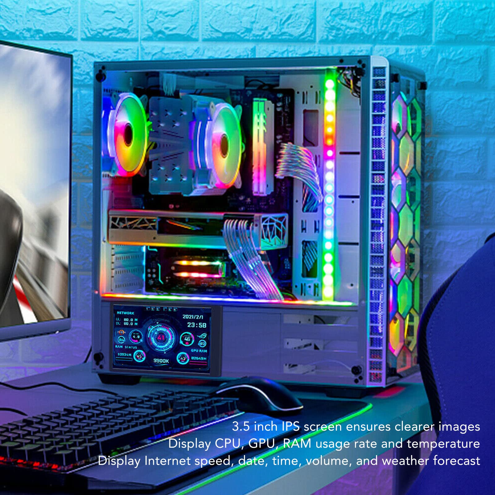 Gernie 3.5 Inch IPS USB Mini Screen - AIDA64 PC CPU RAM Data Monitor with Temperature Sensor Panel Display | Secondary Computer Monitoring Screen for PC Case | Perfect for Gaming Rigs, Workstations & DIY PC Builds