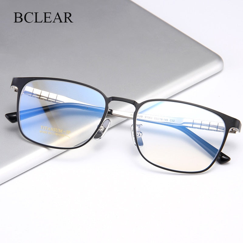 Bclear Men's Full Rim Square Titanium Eyeglasses Frame - Lightweight & Durable My91063 for Work, Reading & Fashion