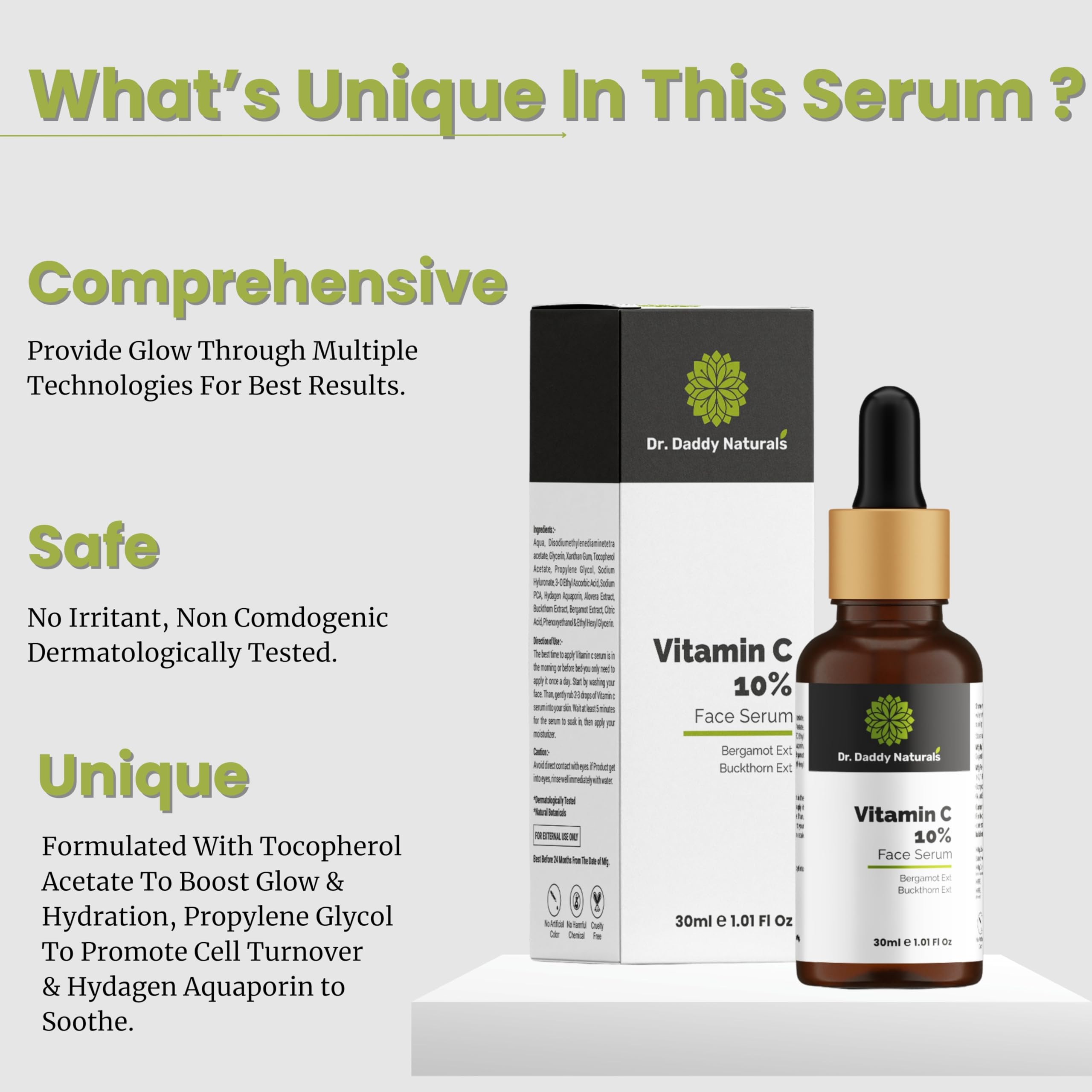 Dr. Daddy Naturals Vitamin C Face Serum with Hyaluronic Acid & Bergamot Extract - Skin Brightening Serum for Hyperpigmentation, Dark Spots & Wrinkles - Fragrance Free, 30ml - Perfect for Daily Skincare Routine & Nighttime Repair