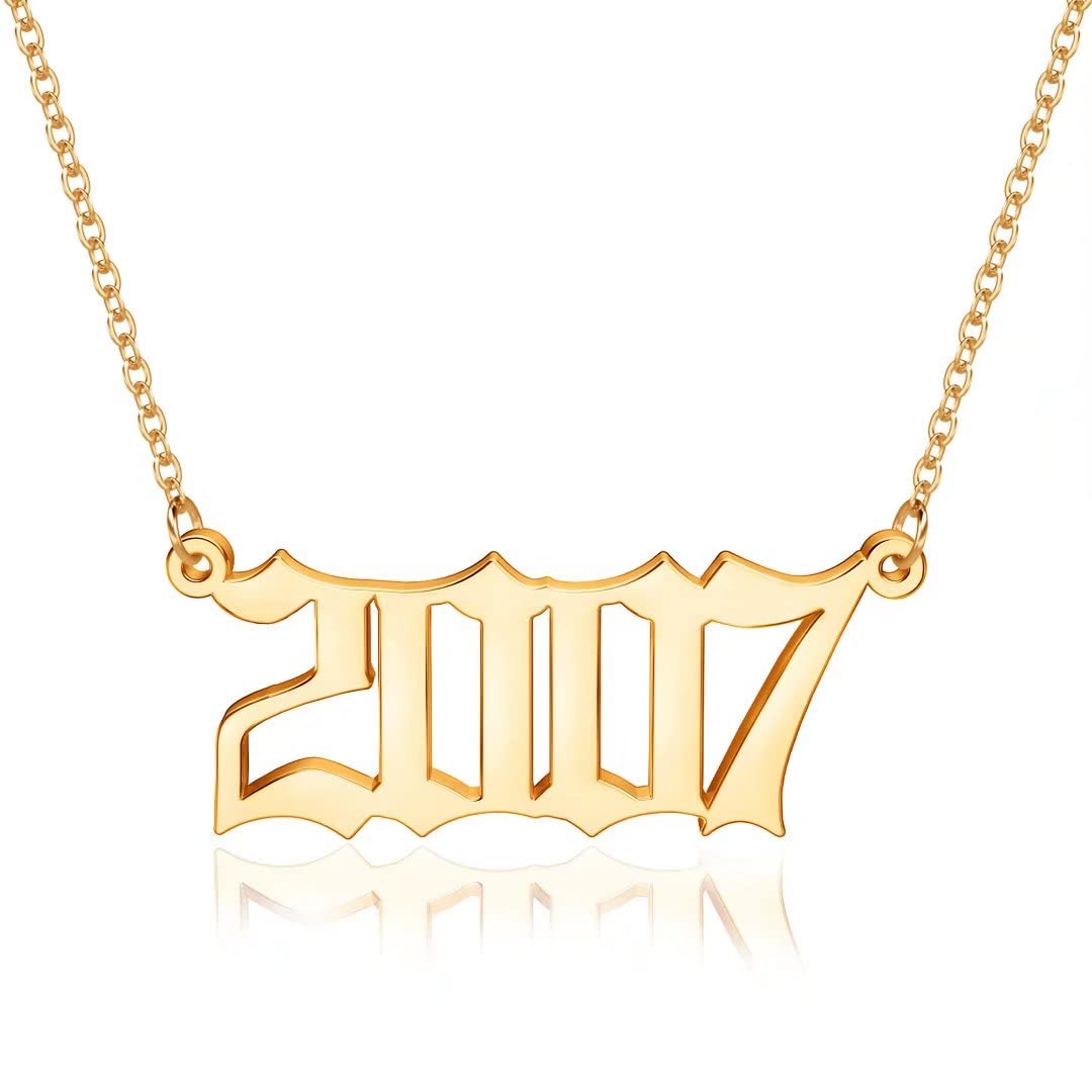 18K Gold Plated Old English Birth Year Necklace for Women - Personalized Number Pendant Jewelry Gift (1970-2021) | Perfect for Birthday, Anniversary & Mother's Day Gifts | Elegant Everyday Wear & Special Occasions