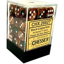 Chessex 36-Pack Black Copper with White Gemini 12mm Pipped D6 Dice Set - Perfect for Dungeons & Dragons, Board Games, and Tabletop RPGs