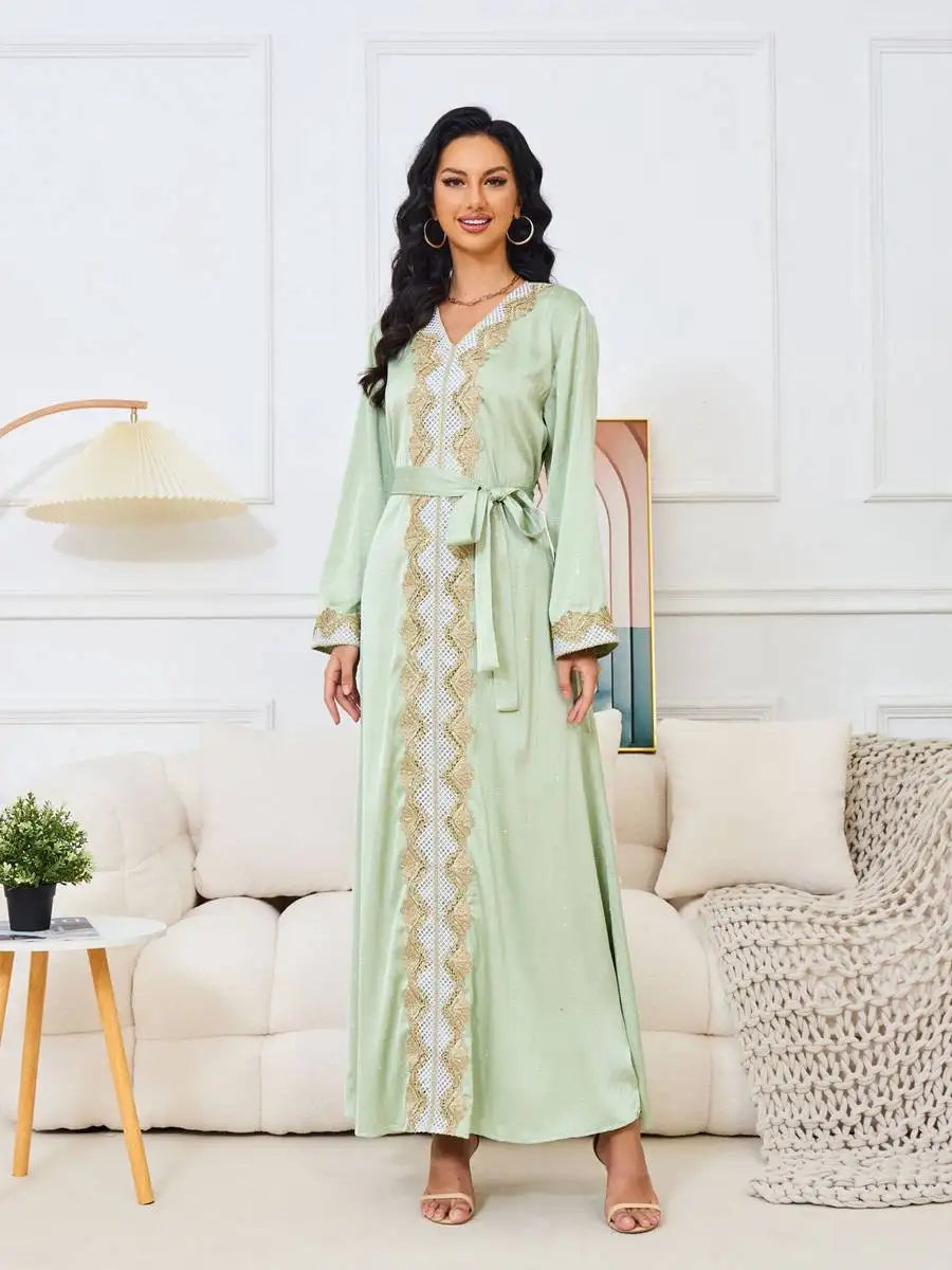 Hotfix Rhinestone Eid Dress for Muslim Women - Elegant Caftan Kaftan Dress for Eid al-Fitr & Special Occasions